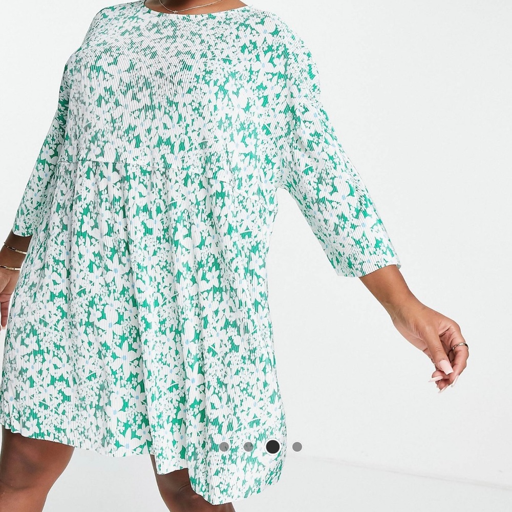 NWT ASOS DESIGN Curve plisse mini smock dress in green ditsy floral print size